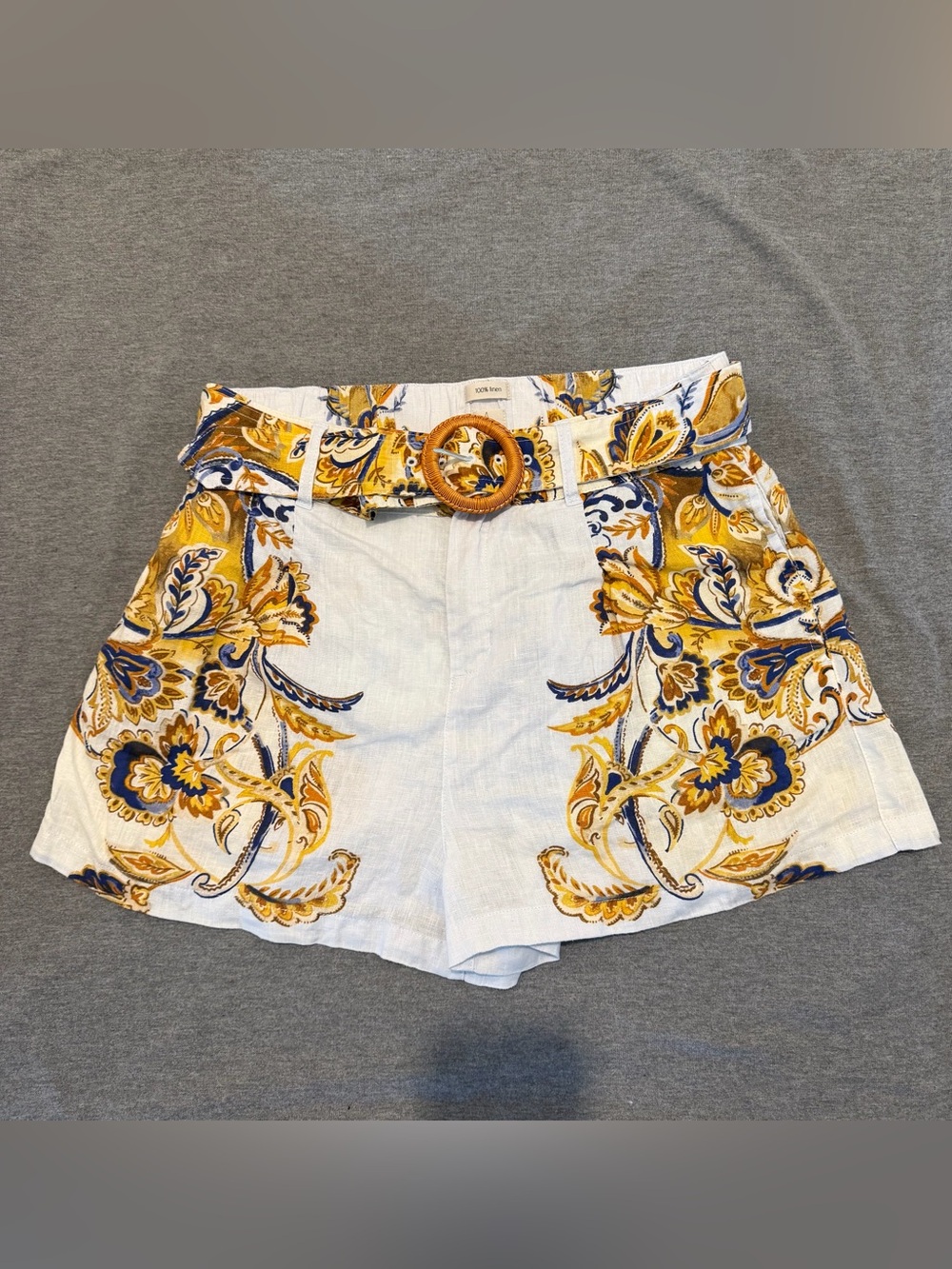 JOIE 100% Linen Blue Multicolor Floral Belted High Rise Shorts Womens Size L